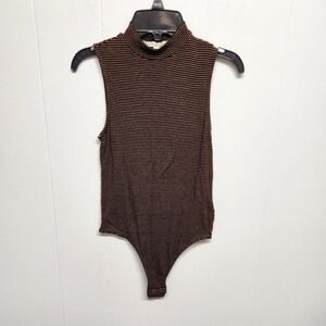 Express Bodysuit Womens XS Brown Striped Sleeveless Mock Neck Snap Closure